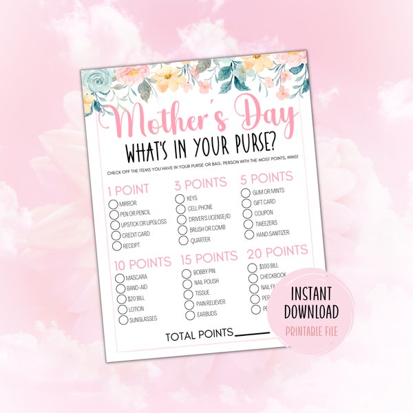 Mothers Day Games Printables | What's in Your Purse Game | Activities for Kids Teens Adults on Mothers Day | Digital Download | Gift for Mom
