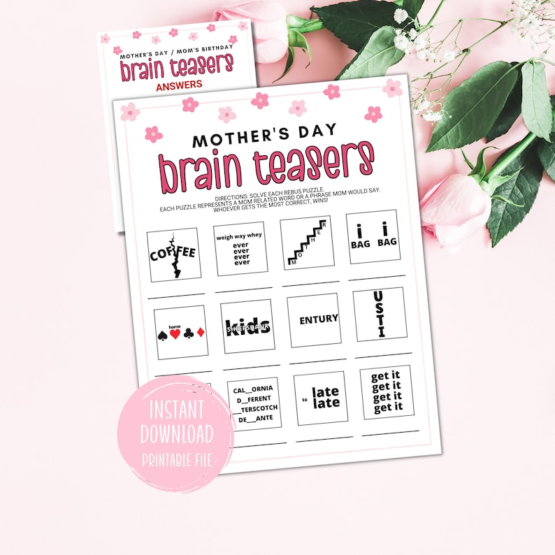 Mothers Day Printable Game Brain Teasers Game Mom's Birthday Digital ...