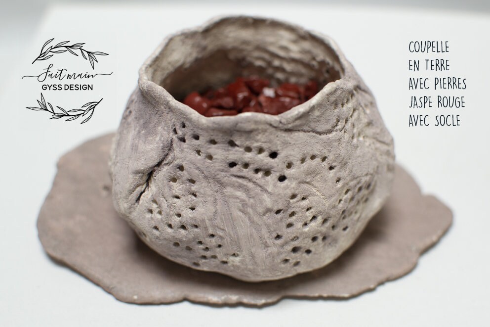 Coupelle en Argile avec Pierres Naturelles Jaspe Rouge - Gyssdesignart