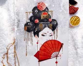 Eventail Pliant - Peinture Geisha Aquarelle et Feuille d'Or