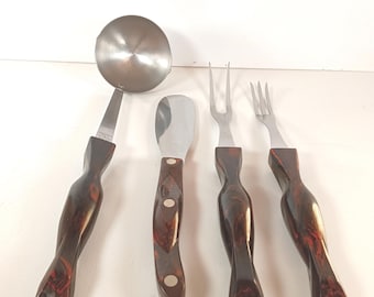 Juego de 4 utensilios de cocina vintage Cutco con mango estilo mármol marrón, acero inoxidable, fabricados en EE. UU.