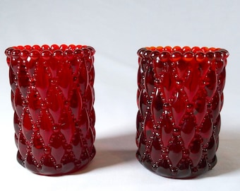 Candle Holder VTG Ruby Red Glass Diamond/Bead Pattern Votive Holder Set of 2