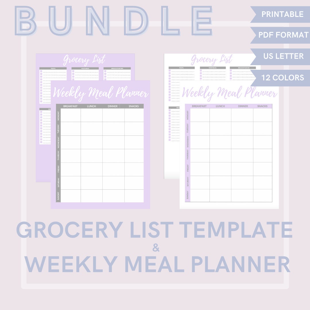 BUNDLE - Grocery List Template + Weekly Meal Planner - Etsy
