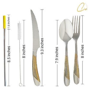 Juego de viaje reutilizable de 8 piezas, cubiertos de acero inoxidable plateado y dorado, juego de cubiertos con bolsa, cuchillo para carne, cucharas, tenedor, pajitas reutilizables