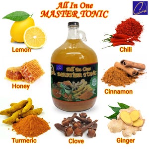 May include: A large glass jug of Master Tonic with ingredients like lemon, honey, chili, cinnamon, turmeric, clove, and ginger. The words "All In One Master Tonic" are displayed on the jug.