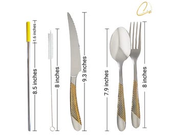 Stainless Steel Silverware Set, Gold Design, Reusable Travel Utensils