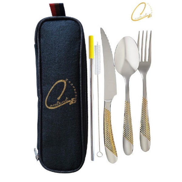 Reusable Travel 8 Pieces set, Silver Golden Stainless steel silverware, flatware set with Bag, steak knife, spoons, fork, reusable straws