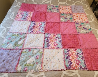 Handmade Pink Rag Baby Quilt • 39×43 Cotton Crib Blanket
