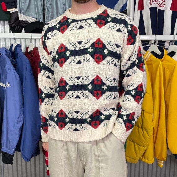 90'S Ralph Lauren Chaps Multi-stripe Cable Knit Cotton Sweater, Made in USA, Men's Size M (approx.), Vintage cotton Beige type Vintage Second Hand