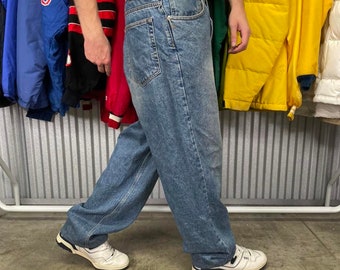 Calvin Klein Denim Jeans 90s Wide Leg Vintage Trousers, Washed Blue, 36”