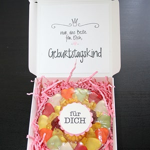 Gummibärchentorte, Geburtstagstorte, Geburtstag, Pizzaschachtel, Geschenk, Geburtstagsgeschenk, Handgemacht Bild 1