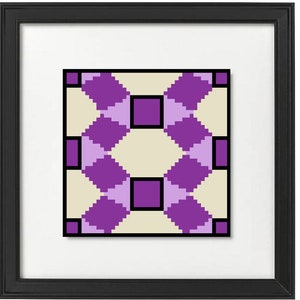 May include: Framed artwork featuring a geometric design in shades of purple, lavender, and cream. The artwork is composed of pixelated diamond and square shapes, set against a cream background, and framed in a black frame.