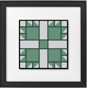 May include: A framed geometric art print. The artwork features a square design with a grid pattern in shades of green and gray, set against a white background. The frame is black, and the overall aesthetic is modern and minimalist.