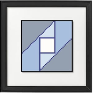 May include: A framed geometric art print featuring a pixelated design in shades of blue and gray. The artwork is centered within a white mat and enclosed in a black frame, suitable for home or office decor.