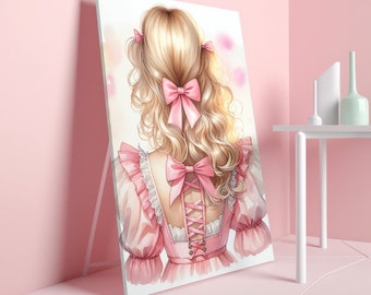 Décoration de chambre coquette, impression d'art mural aquarelle Balletcore avec noeud rose, femme blonde avec noeud rose, robe blanche, portrait minimaliste