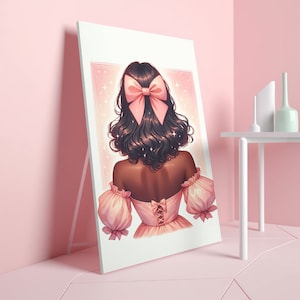 Coquette Room Decor, Balletcore Watercolor Wall Art Print With Pink Bow, Girl With Pink Bow and dress, Minimalist Portrait, Coquette girl