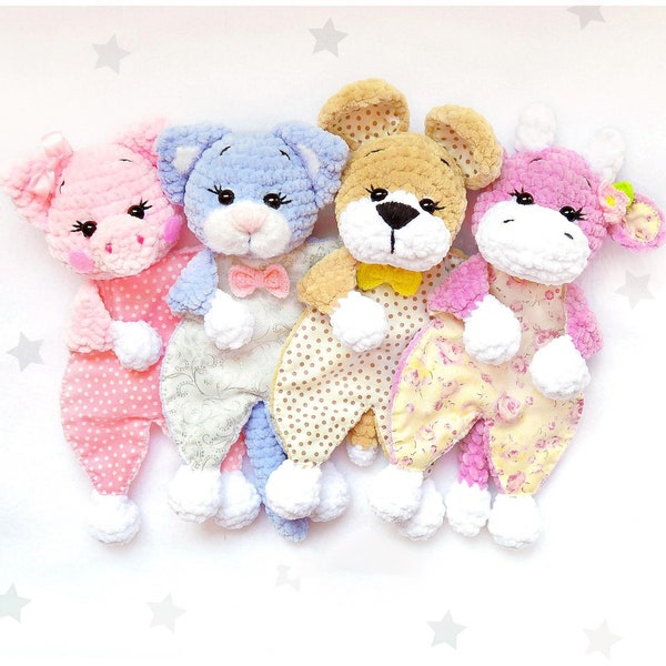 Peluche doudou bébé motif crochet singe, raton laveur, tigre et un éléphant doudou Amigurumi modèle PDF facile