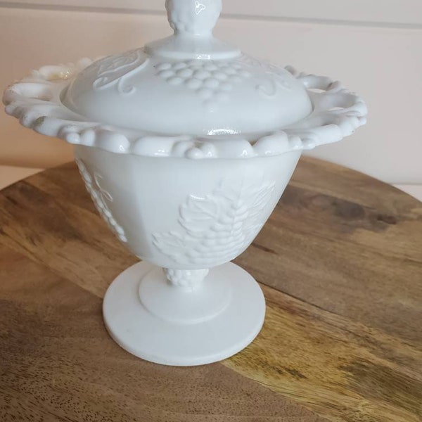 Milkglass Candy Dish 6 1/2" Grape and Leaf Design Decor