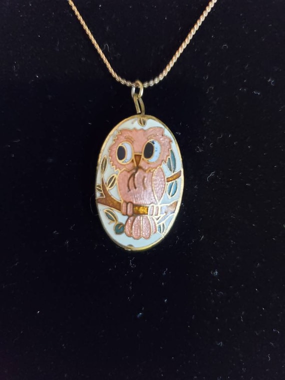 Vintage Cloisonné Owl Necklace Pendant 1 1/32"