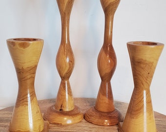 Set of 4 Hand turned wood carved candlesticks