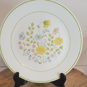 May include: A white ceramic dinner plate with a green rim and a floral design featuring yellow, pink, blue, and green flowers.