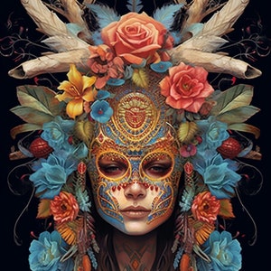 May include: A woman wearing a colorful, ornate mask with intricate details. The mask is surrounded by a crown of flowers, including roses, lilies, and blue blossoms. The woman's hair is long and dark, and she has a soft, ethereal expression.