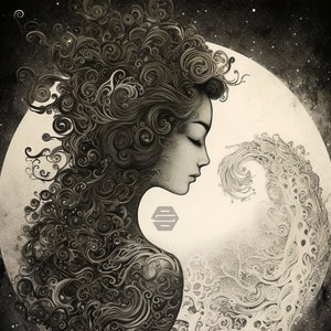 May include: A black and white illustration of a woman's face with intricate swirling patterns in her hair and on her body. The woman's face is turned to the side and her eyes are closed. The background is a dark gray with white stars.