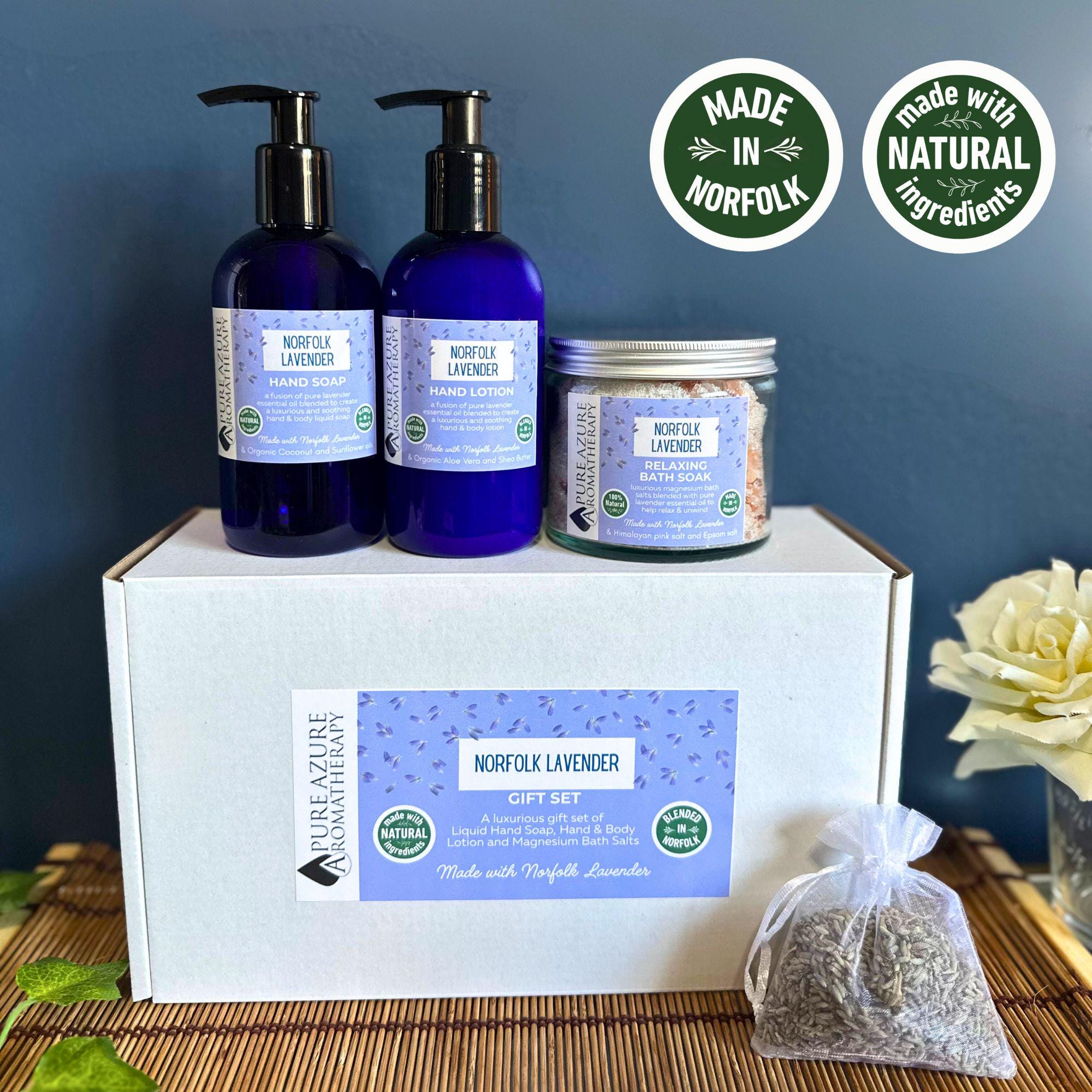 Natural English Lavender Liquid Soap, Lotion, Bath Salts Gift Set - Made in Norfolk - Ethical, Vegan - Aromatherapy essential oils Present