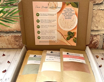 Face Mask Kit - Set of White, Green & Red Clay Powders by Pure Azure Aromatherapy - 100% Natural- Homemade Beauty - Letterbox gift