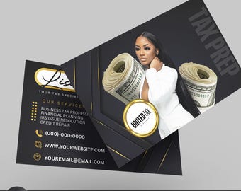 May include: Black and gold business card with a woman's face and stacks of money. The text on the card reads "Tax Prep" and "Your Tax Special".