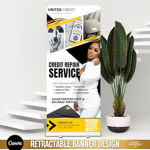 May include: A retractable banner advertises credit repair services from United Credit Services. The banner features a woman in a white blazer and a black and yellow geometric design. The text on the banner reads "Credit Repair Service" and lists services such as student loans, medical bills, evictions, collections, and credit cards. The banner also includes a contact us section with a website address and phone number.