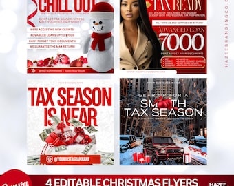 May include: Four red and white Christmas-themed flyers with text that reads "Chill Out", "Tax Ready", "Tax Season is Near", and "Gear Up for a Smooth Tax Season".