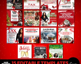 May include: A collage of 15 red and white Christmas-themed social media templates for tax services. The templates feature images of Santa Claus, a fireplace, a horse-drawn carriage, and a Grinch. The text on the templates includes phrases like "Tax Season", "Dashing Through", "Tax Wonderland", and "Stocking Stuffers? We Prefer Deductions!"