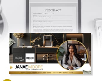 May include: A white and gold email signature template for a tax preparer. The template features a photo of a woman in a business suit, a logo, and the text "Janae Moore, Your Tax Preparer".