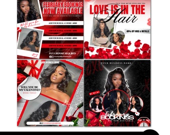 4 Valentines Day Booking Flyer, February Booking Flyer, February Book Now Flyer, Calendar Flyer, Hair Lash Nail Makeup Holiday Booking Flyer