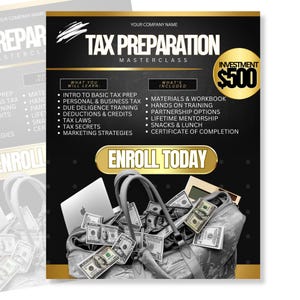 Op de afbeelding: Een zwarte en gouden poster die reclame maakt voor een masterclass voor belastingvoorbereiding. De poster toont een koffer die overloopt met contant geld en de tekst "Tax Preparation Masterclass" en "Investering € 500".