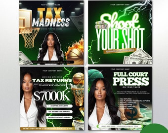 May include: Four green and black flyers with basketball imagery and text about tax services. The flyers have the text "Tax Madness", "Shoot Your Shot", "Tax Returns", and "Full Court Press".