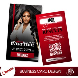 May include: Two business cards with a red and black color scheme. One card features a woman on the phone with the text "YOUR REFUND DONE RIGHT EVERYTIME!" and "UNITED TAX." The other card has "APRIL JONES" and "RESULTS."