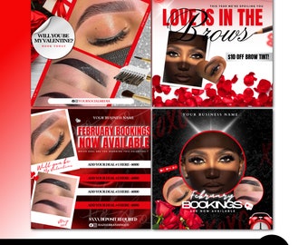 4 Valentines Day Brow Booking Flyer, February Booking Flyer, February Book Now Flyer, Calendar Flyer, Hair Lash Makeup Holiday Booking Flyer