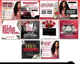 May include: Ten editable social media templates for Canva. The templates feature a variety of designs, including a red and white tax return template, a pink and white romance template, a red and white tax break template, and a pink and white financial love story template. The templates are perfect for businesses and individuals who want to create eye-catching social media posts.