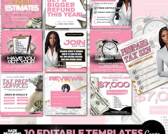 May include: Ten pink and white editable flyer templates for tax preparation services. The templates feature images of money, a clock, and a woman. The text on the templates includes "Free Estimates", "Get a Bigger Refund This Year", "Join Our Team", "Tax Prep Services", "Tax Advance Loan Up to £7,000", and "Prepare for Tax Season".