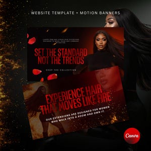 May include: A promotional image for hair extensions features two red and black banners with text. The top banner reads "SET THE STANDARD NOT THE TRENDS." The bottom banner says "EXPERIENCE HAIR THAT MOVES LIKE FIRE." A woman with long black hair is in the image.