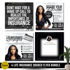 Könnte beinhalten: Vier schwarz-weiße Flyer mit einem Frauenporträt und Text über Lebensversicherungen. Der Text auf den Flyern lautet "Warten Sie nicht auf einen Weckruf, um die Bedeutung von Versicherungen zu erkennen", "Sichern Sie Ihre Zukunft heute", "Lebensversicherung vereinfacht" und "Testimonials".