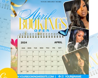 April Booking Flyer, Easter April Hair Makeup MUA Lashes Nail Braids Wigs Esthetician Nails Flyer, April 2024, April Books Are Open