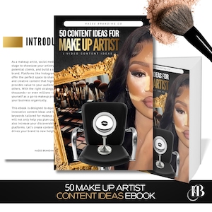 May include: A book cover with a black and white photo of a woman with makeup on. The title of the book is "50 Content Ideas for Make Up Artist" and the subtitle is "1 Video Content Ideas". The book cover also features a black chair with a silver mirror and a black and white photo of a makeup brush.