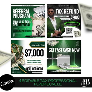 Può includere: Quattro modelli di volantini per professionisti fiscali modificabili in verde e nero. I volantini presentano immagini di denaro, una valigetta e un orologio. Il testo sui volantini include "Programma di referral", "Guadagna fino a 100 € per referral", "Non vuoi aspettare il rimborso delle tasse", "Ricevi fino a 7.000 €", "Ottieni denaro contante velocemente ora", "Fino a 7.000 € in contanti", e "2 gennaio".