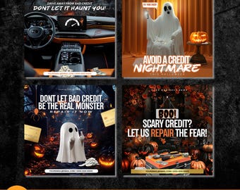 4 Halloween-flyers kredietreparatie, kredietherstelsjablonen, inhoud doe-het-zelfflyer, kredietreparatiemarketing, kredietreparatiebedrijfspost, belasting