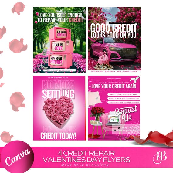 4 Credit Repair Valentines Flyers | Valentines Day | Credit Specialist | Credit Flyer Bundle | DIY Template | Tax Season | Credit Consulting
