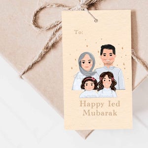 Niestandardowa rodzinna karta Eid, niestandardowa dekoracja domu, ilustracja cyfrowa, rysunek rodzinny, karta Eid, prezent ślubny, portret zwierząt, karta świąteczna