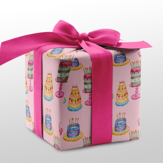 Watercolor Birthday Cake Wrapping Paper: Pink Pastel Party Gift Wrap